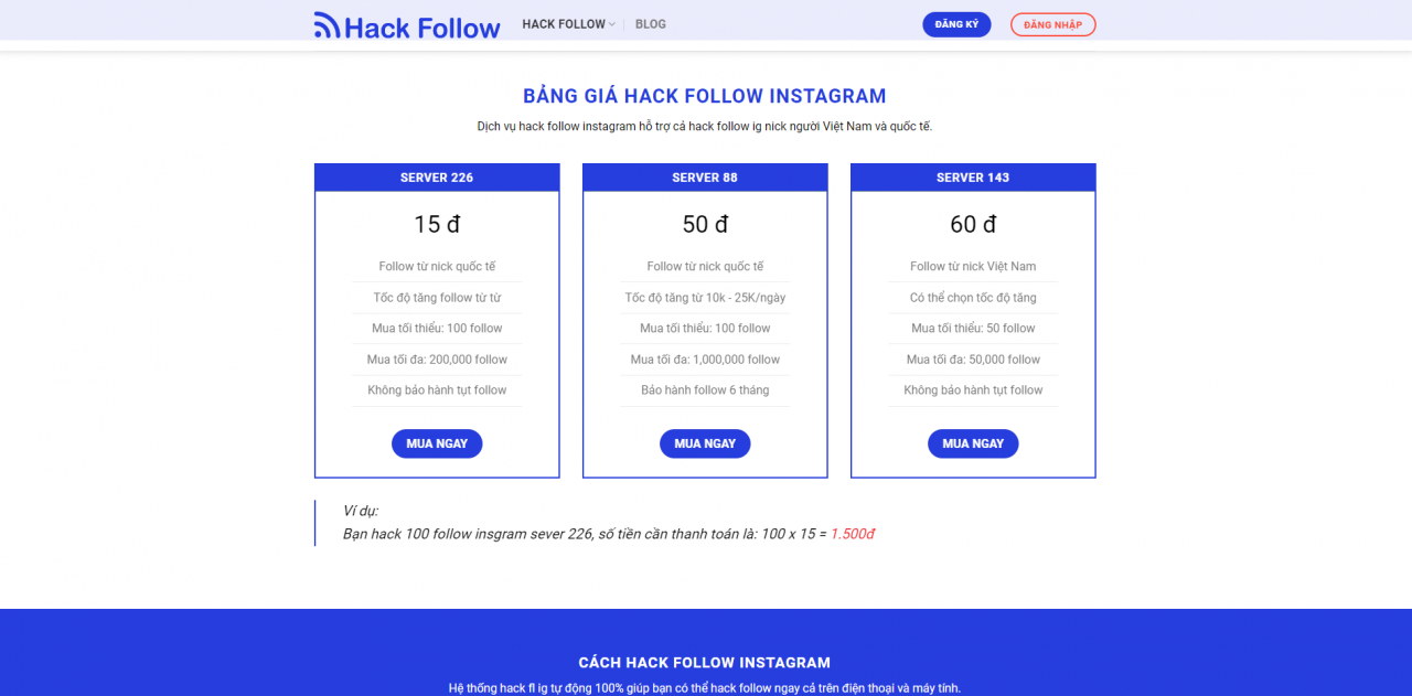 bảng giá hack follow instagram tại hackfollow.com